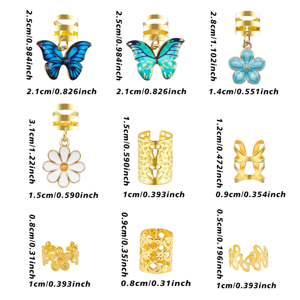 56pcs Vibrant Garden Hair Rings with Blue & Green Butterflies, White