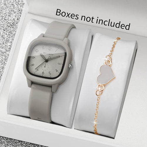 2PCS Fashion Arabic Dial Women Quartz Watch Heart Bracelet Set Square