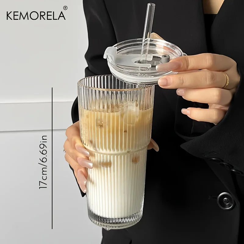 600ML Stripe Glass Coffee Cup With Lid and Without Cover Straw