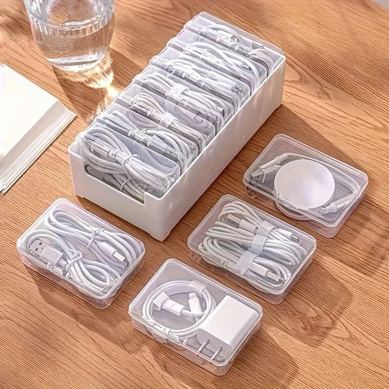 Data Cable Storage Box with 7 Compartments, Desktop Cord Organizer for