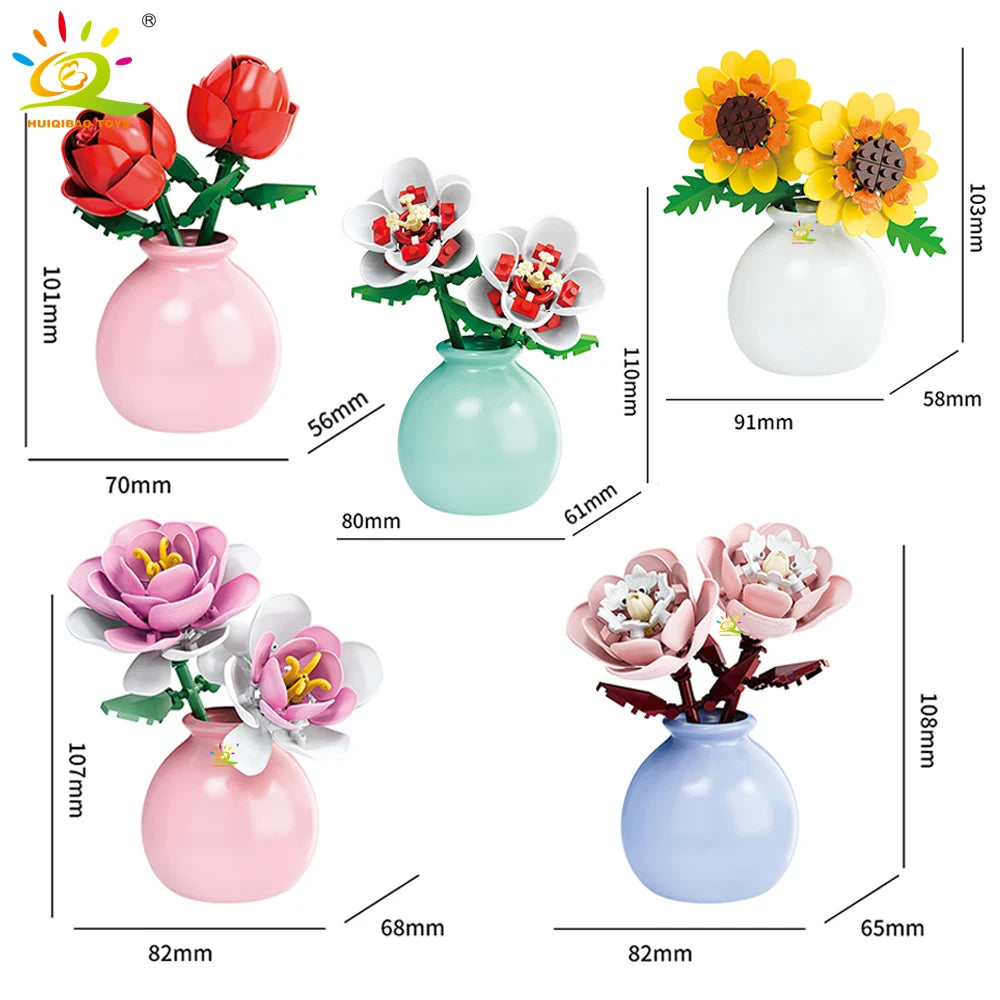 HUIQIBAO MOC Flower with Vase Model Building Block DIY Eternal Bouquet