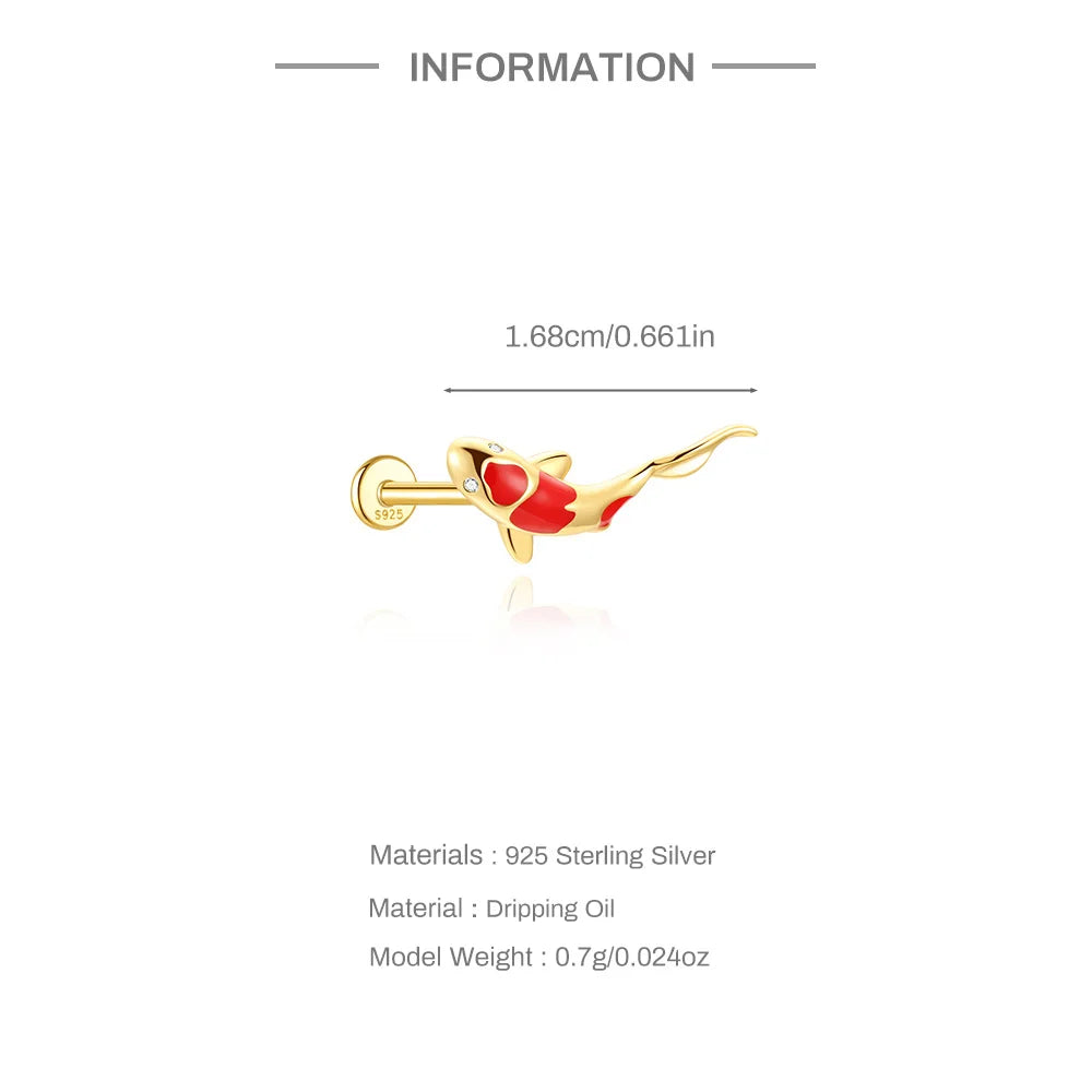AIDE 1PC 925 Sterling Silver Lucky Red Koi Piercing Earring For Women