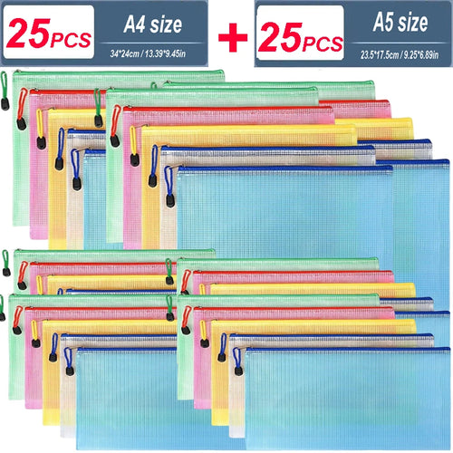 5-100PCS Stationery Storage Folder File Mesh Zipper Pouch A4/A5/A6