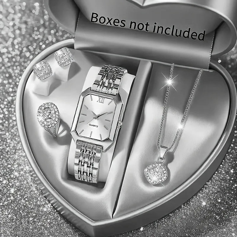 5 Pcs Womens Elegant Rectangle Rhinestone Quartz Watch Jewelry Set