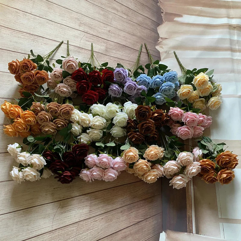 Artificial Flowers Simulation 9 Head Rose Bouquet Wedding Wedding