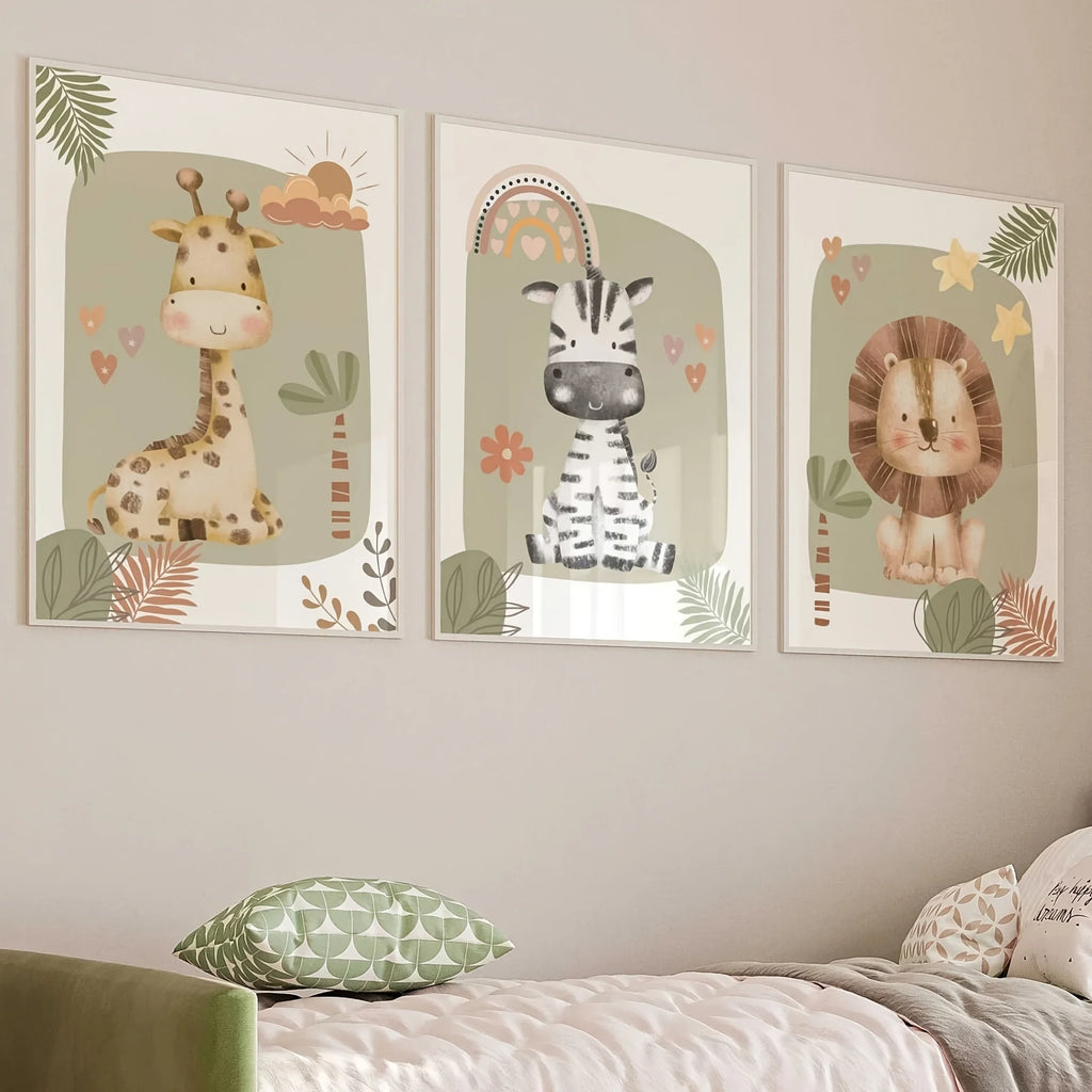 3 Pcs/Set Giraffe Lion & Zebra Animal Canvas Print Safari Wall Art
