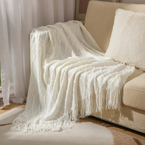 Cable Knit Khaki Throw Blanket Lightweight Knitted Jacquard Throw