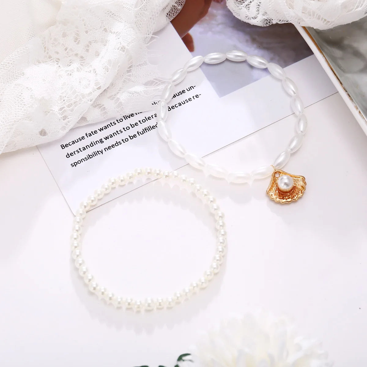 Yupsk 2pcs/set Double Layer Imitation Pearl Stackable Anklet With