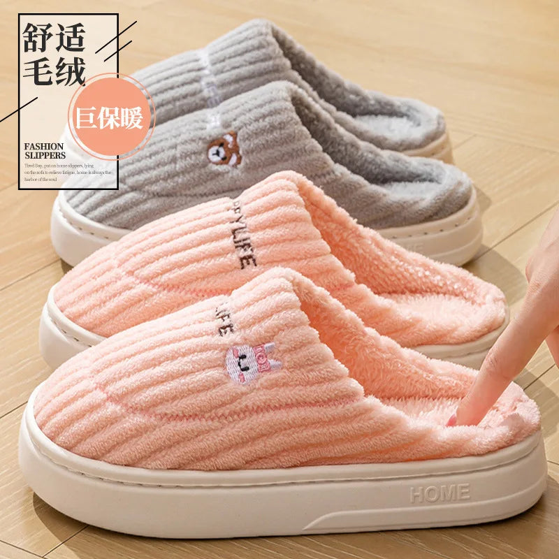 Winter Plush Slippers for Women & Men - Thick Sole Couple House Shoes
