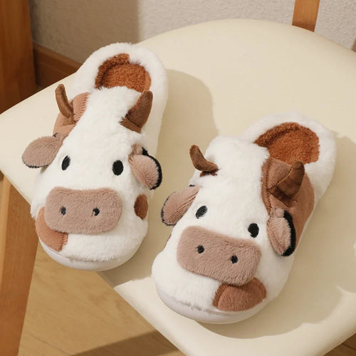 Winter Home Slippers for Couples Warm Plush Neutral Cartoon Cow Indoor