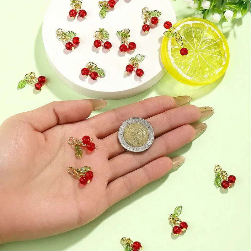 10pcs Red Cherry Charms Cute Glass Red Fruit Pendants with Loop DIY