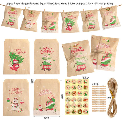 24 Sets Merry Christmas Gift Bags Retro Santa Claus Fox Kraft Paper