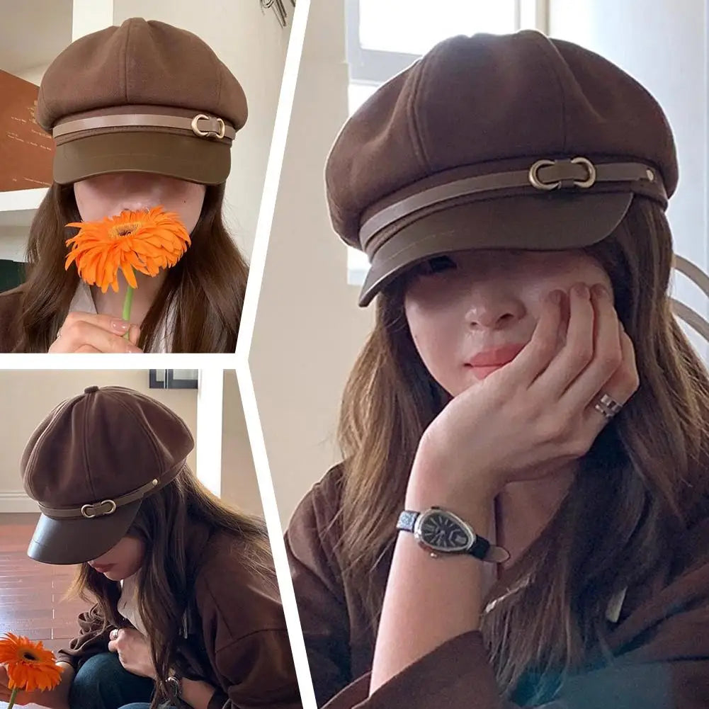 Retro British Style Beret for Women, Versatile Octagonal Newsboy Cap