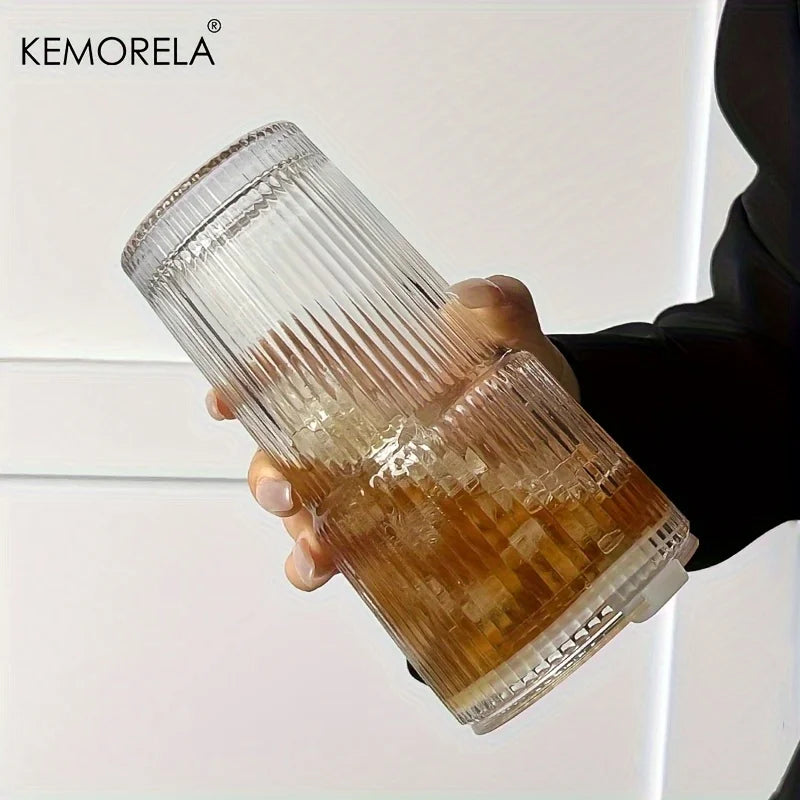 600ML Stripe Glass Coffee Cup With Lid and Without Cover Straw