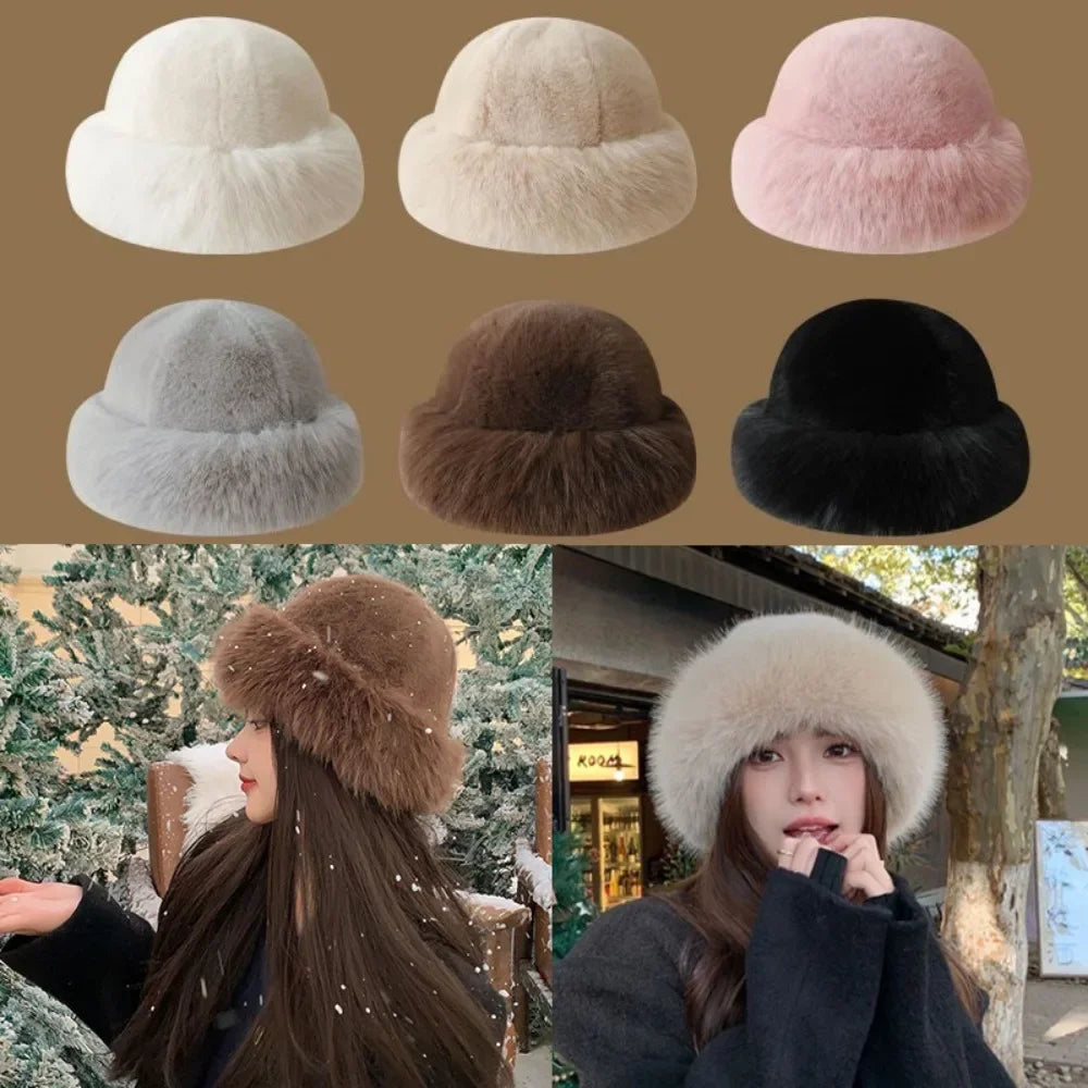 Women's Fluffy Fur Bucket Hat Plush Winter Fisherman Cap Warm Thick