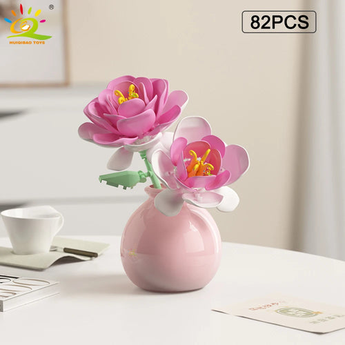HUIQIBAO MOC Flower with Vase Model Building Block DIY Eternal Bouquet