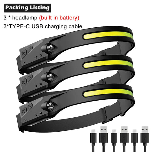 COB LED Headlamp Sensor Headlight with Built-in Battery Flashlight USB