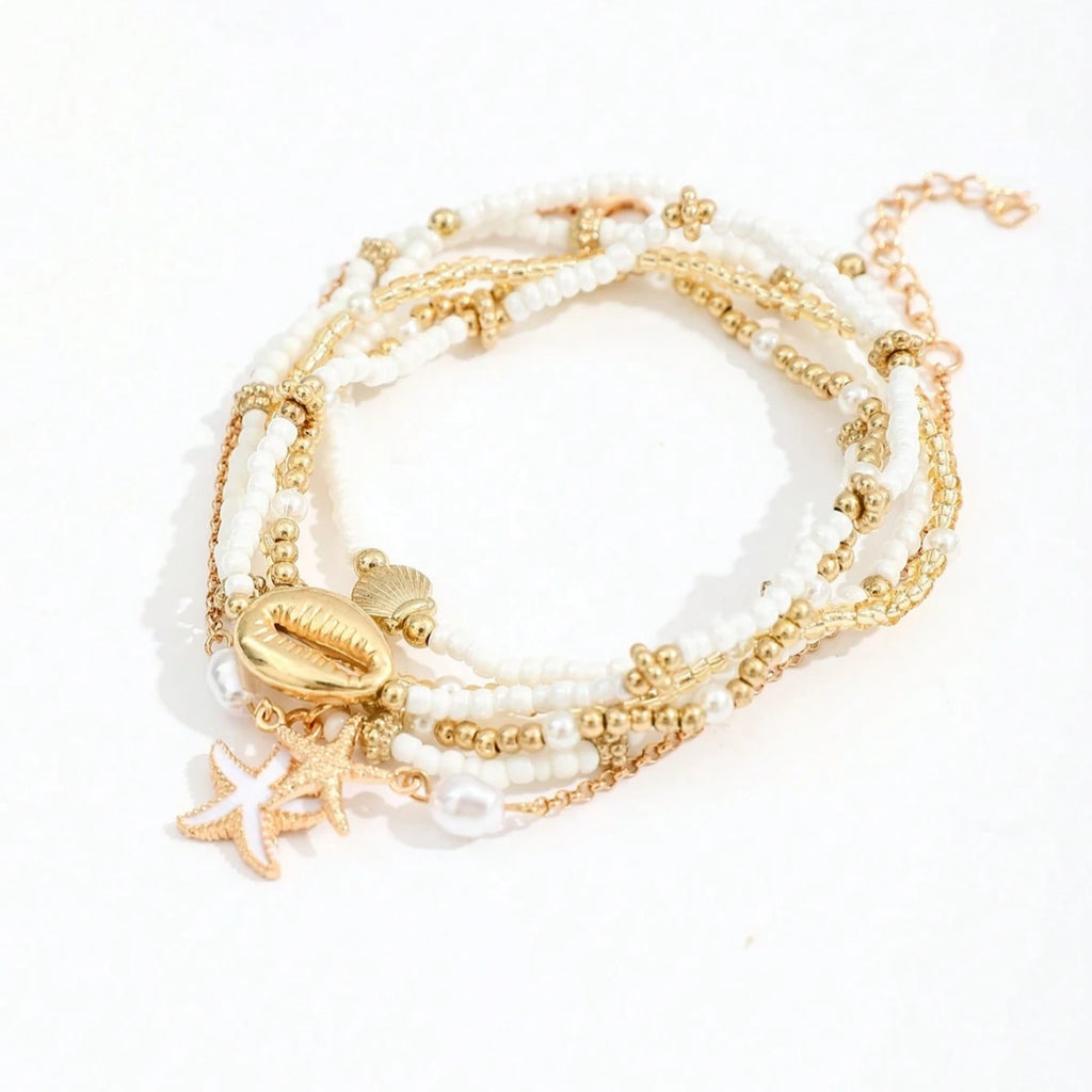 6pcs/set Fashion Stackable Starfish Shell Pendant Beads Anklets Set