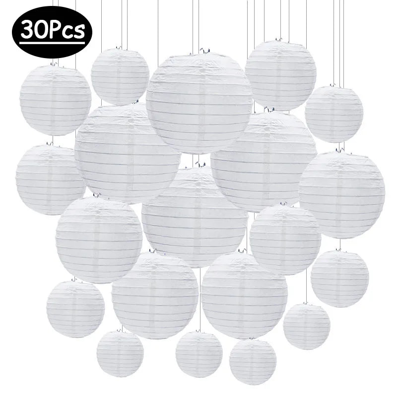 30 Pcs/Set White Paper Lanterns Chinese Hanging Round Lantern Lamp