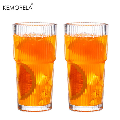 600ML Stripe Glass Coffee Cup With Lid and Without Cover Straw