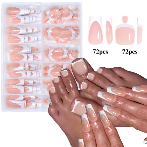 144pcs French Black Pink Hand&Foot WearIng Nail Set Short Square False