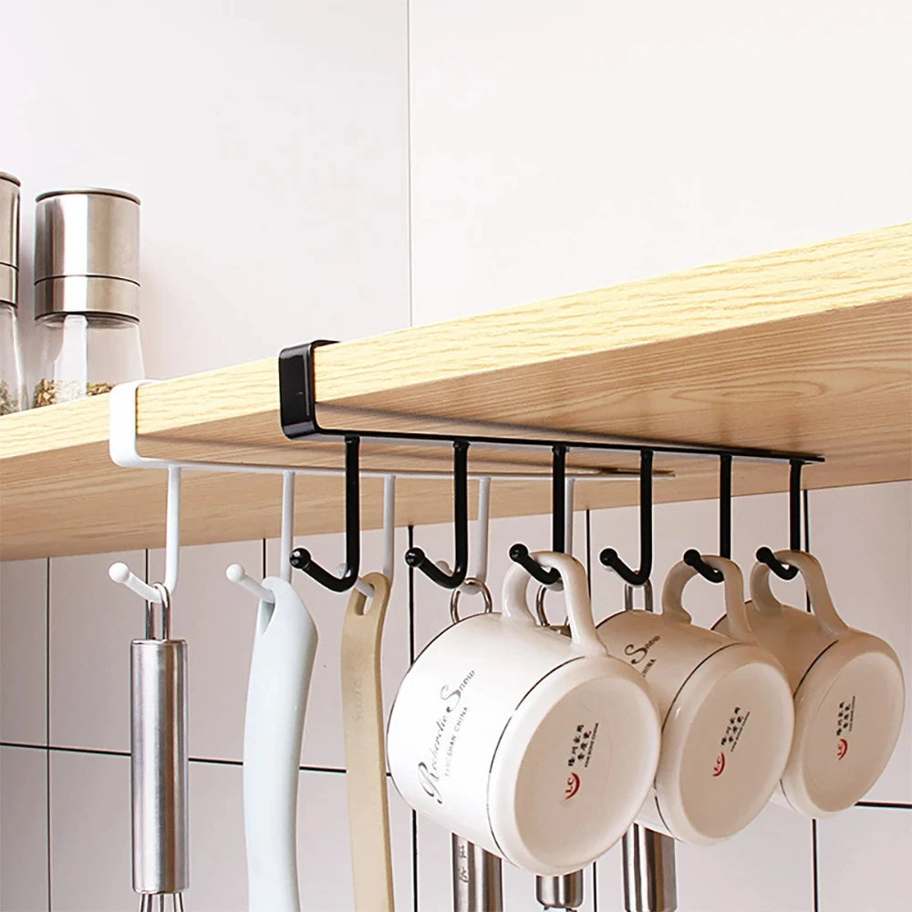 Multifunction 6 Hook Coffee Cup Mug Holder Black White Hooks Shelf