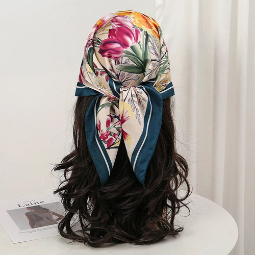 Bohemian Style Floral Print Women’s Square Silk Scarf Satin Head Wrap