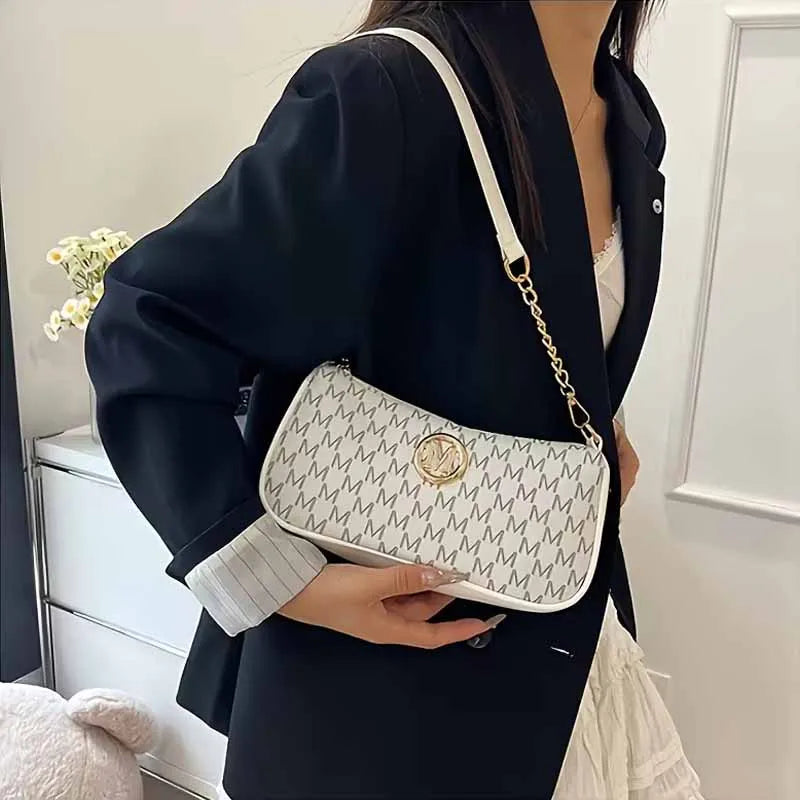Fashion Ladies Geometric Print Chain Underarm Bag Metal Logo Decor