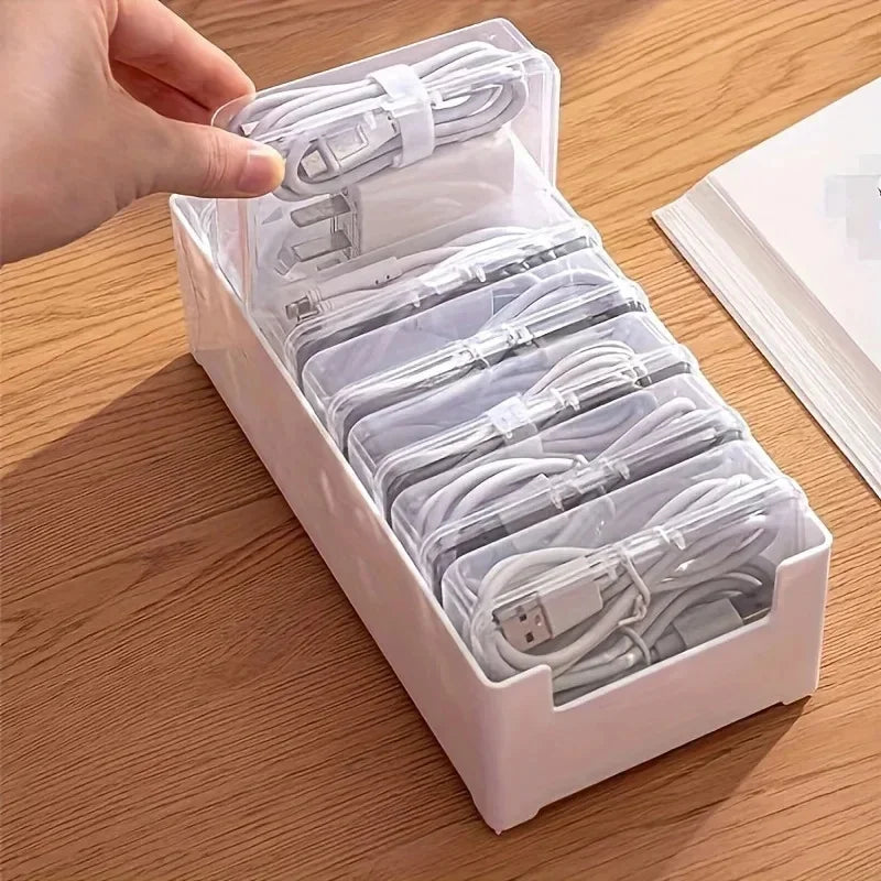 Data Cable Storage Box with 7 Compartments, Desktop Cord Organizer for