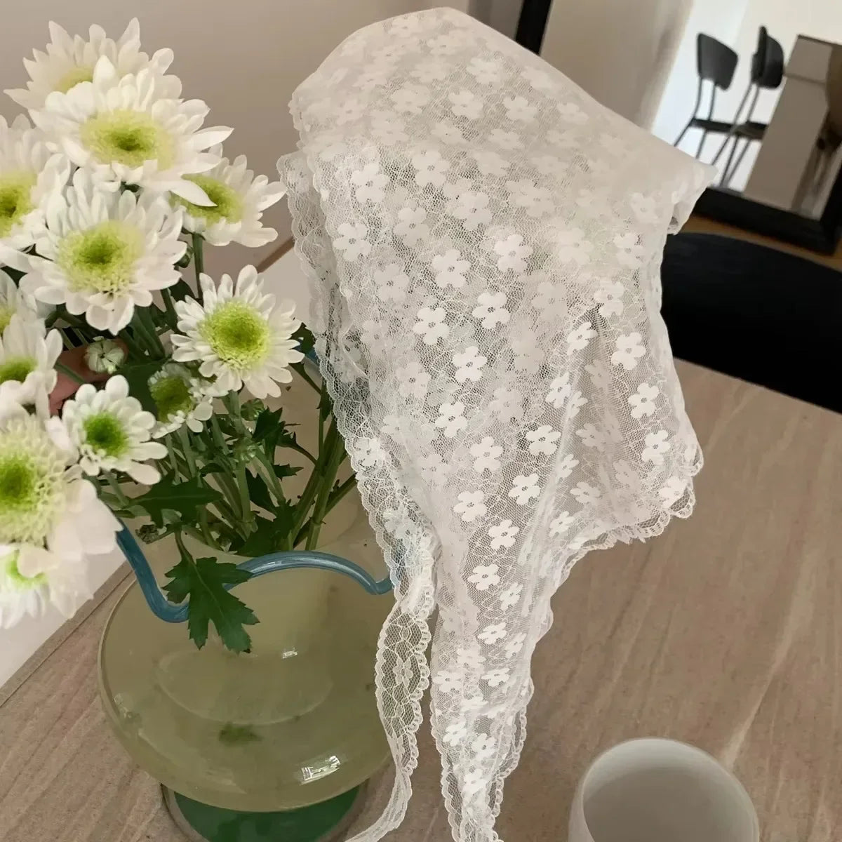 Elegant Lace Triangle Scarf for Women White Sweet Floral Design