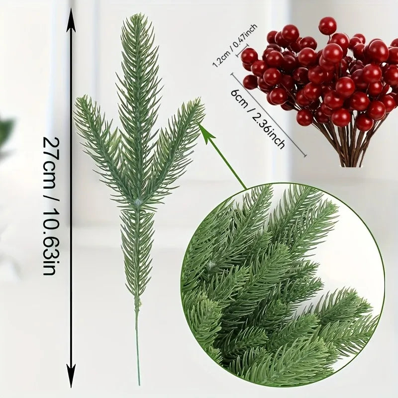 60 Pcs Artificial Pine Needles Berry Bouquet Christmas Decoration