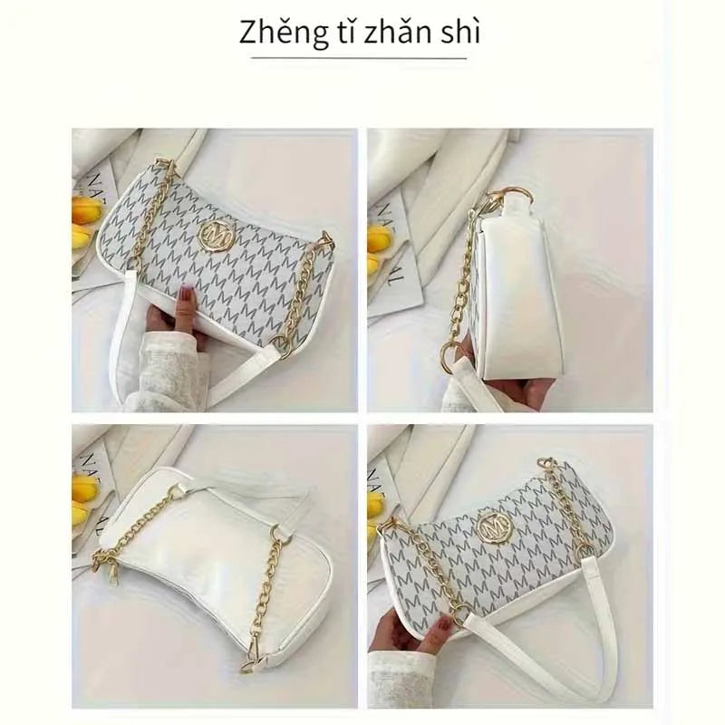 Fashion Ladies Geometric Print Chain Underarm Bag Metal Logo Decor