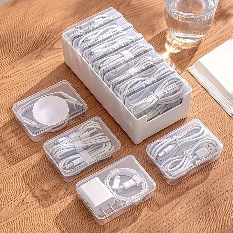 Data Cable Storage Box with 7 Compartments, Desktop Cord Organizer for