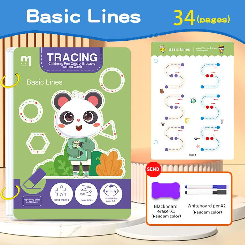 34-Page Reusable Children's Practice Book Set with Erasable Pen