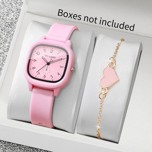 2PCS Fashion Arabic Dial Women Quartz Watch Heart Bracelet Set Square