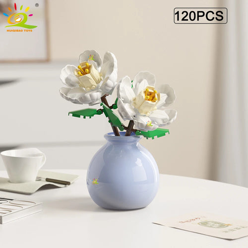 HUIQIBAO MOC Flower with Vase Model Building Block DIY Eternal Bouquet