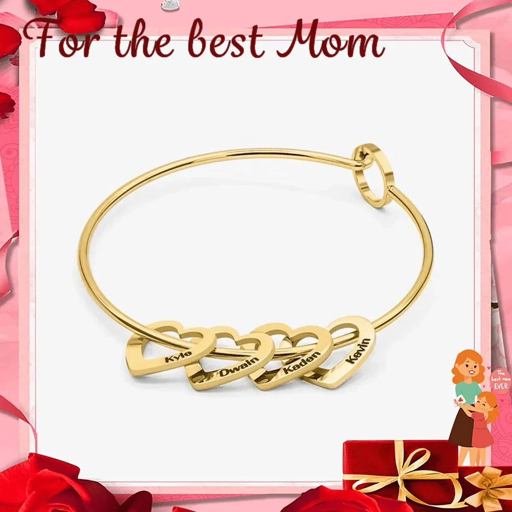 Custom Family Names Heart Beads Bangle Bracelet Personalized Names