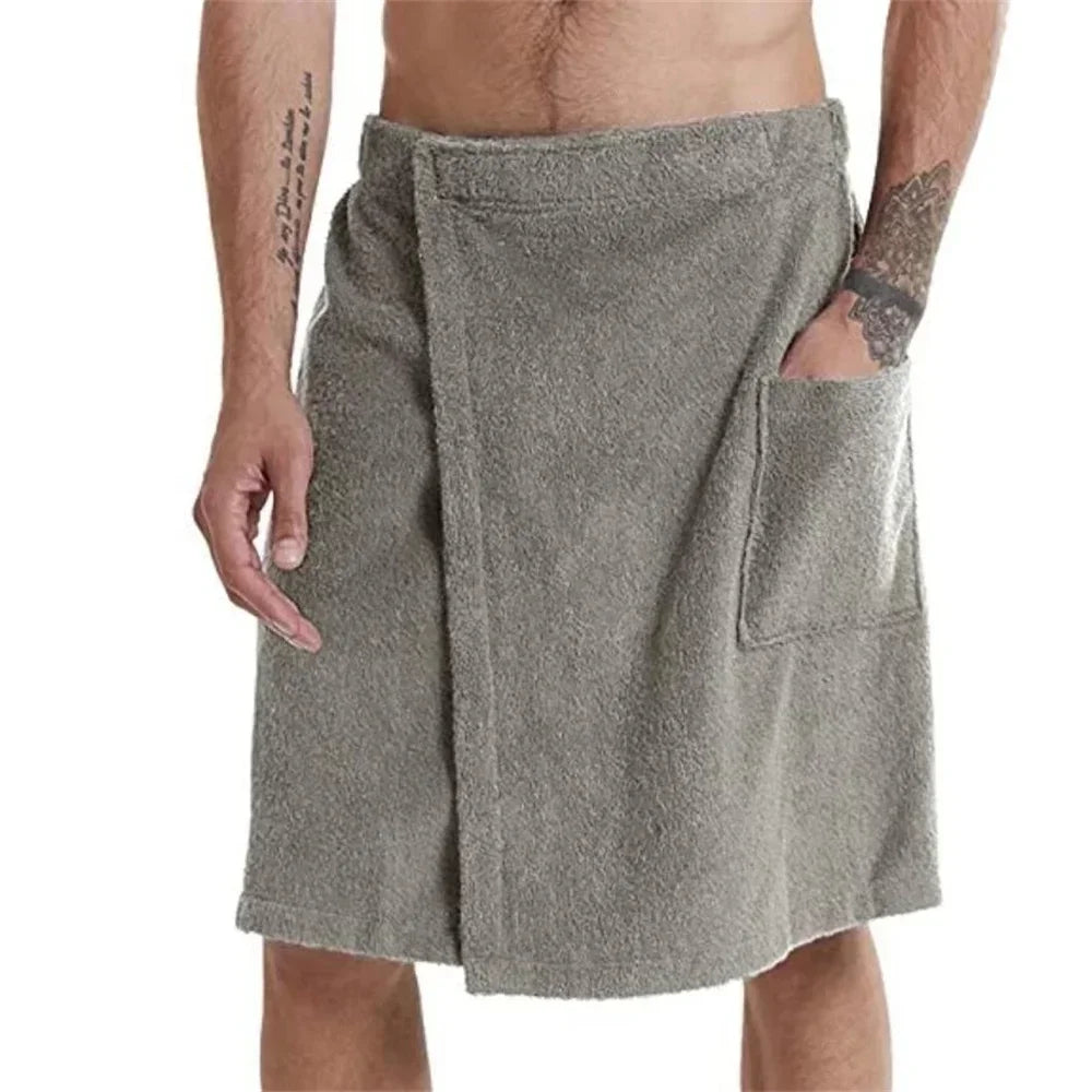 Men Soft Wearable Bath Towel with Pocket Bathrobes Shower Wrap Sauna