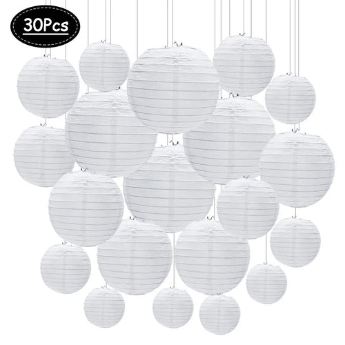 30 Pcs/Set White Paper Lanterns Chinese Hanging Round Lantern Lamp