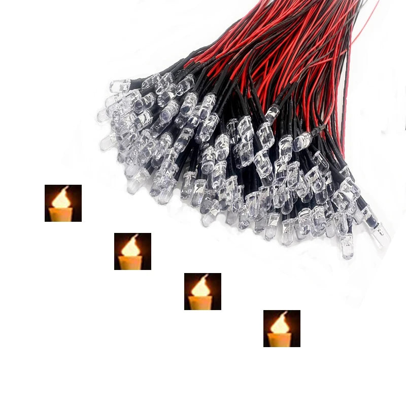 10 Pcs 3mm 5mm Flickering 9V-12V DC Pre-Wired Water Clear Candle LEDs