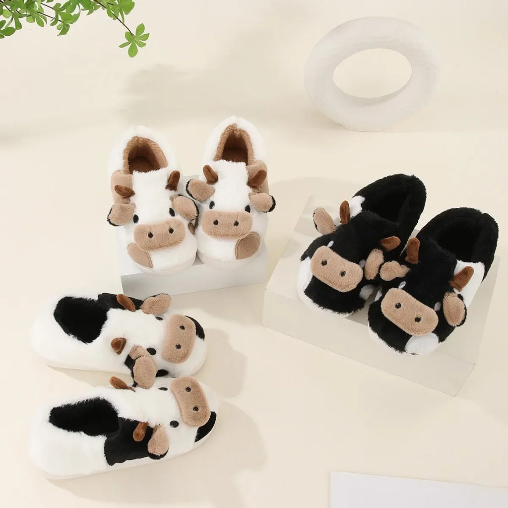 Winter Home Slippers for Couples Warm Plush Neutral Cartoon Cow Indoor