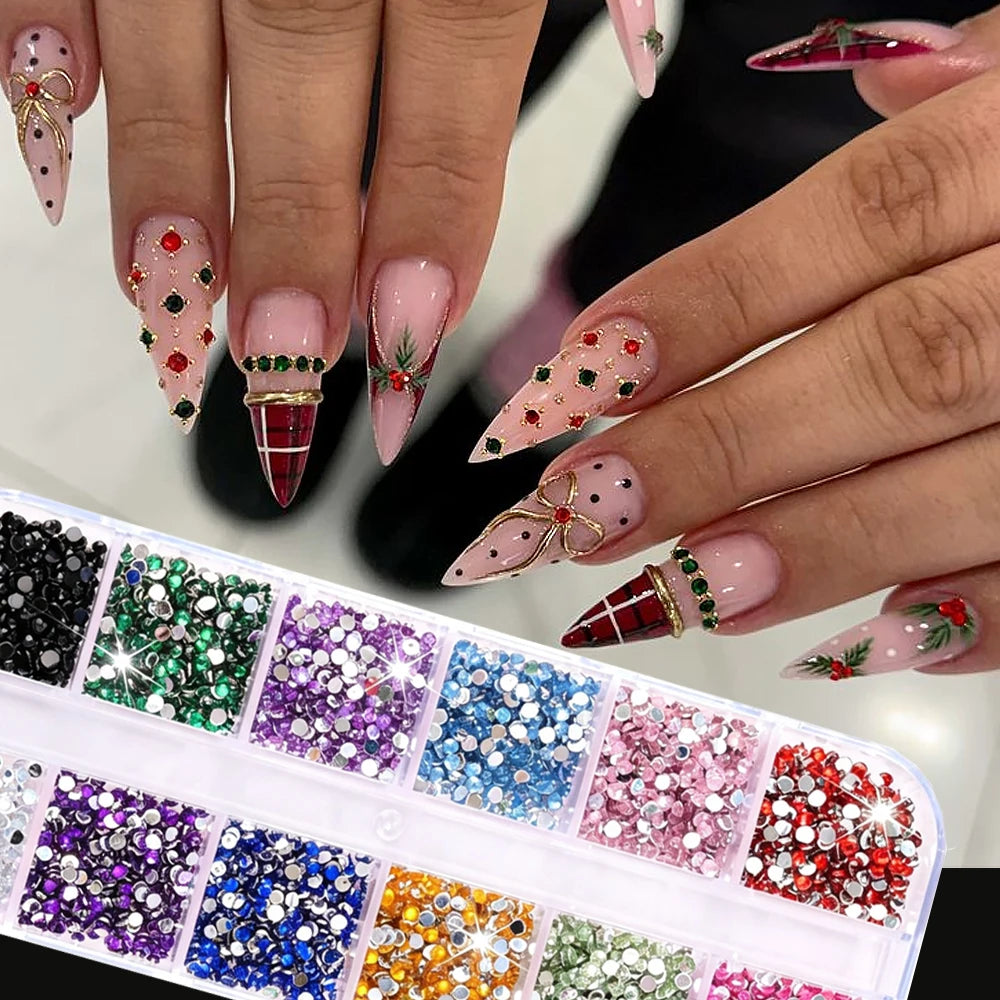 12Grids Mixed Mini Christmas Gems Nail Charms 2mm Luxury Crystal Nail