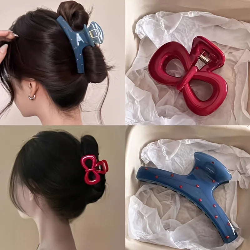 Spotted Blue Hair Clips and Red Bow Hair Clips - Fashionable Women's