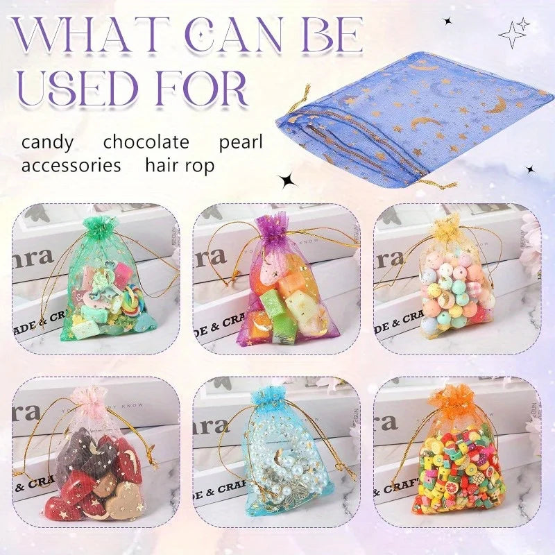 50 Pcs Moon Stars Drawstring Organza Bags Jewelry Gift Bags Pouches