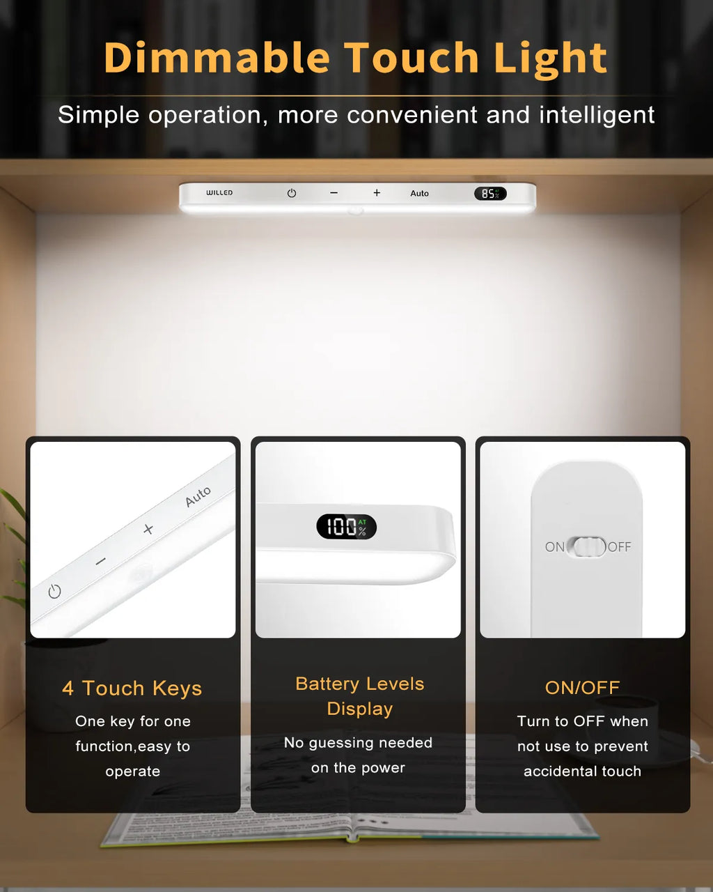 WILLED Motion Sensor Cabinet Light Battery Display 60 LED Touch Light