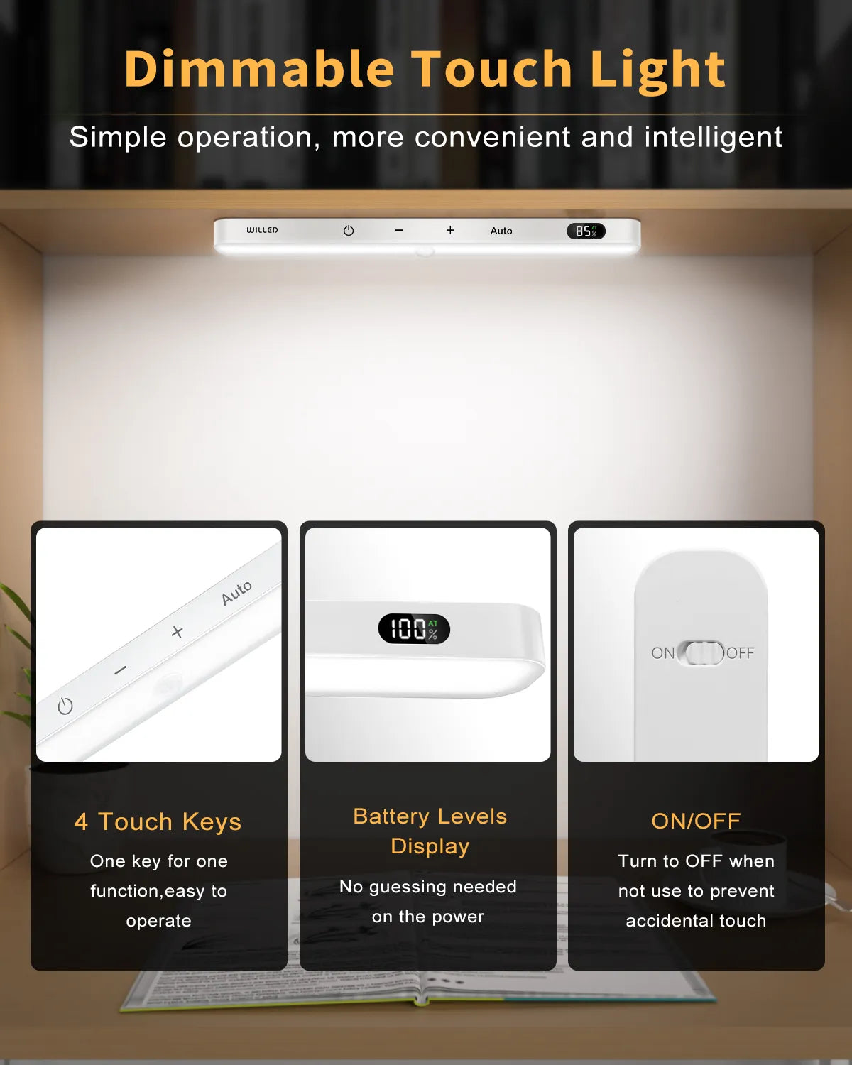 WILLED Motion Sensor Cabinet Light Battery Display 60 LED Touch Light