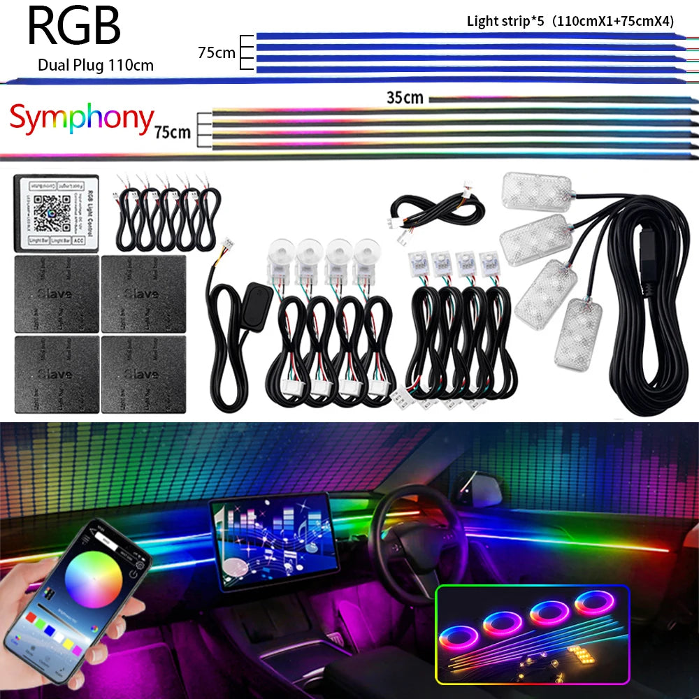 Universal LED Car Ambient Light RGB 64 213 Color Acrylic Strips