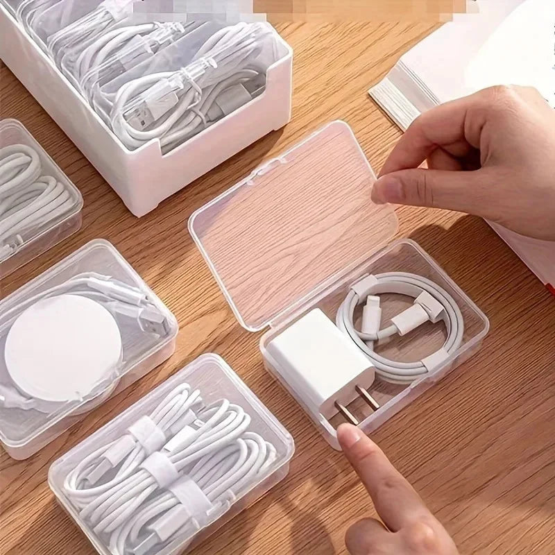 Data Cable Storage Box with 7 Compartments, Desktop Cord Organizer for