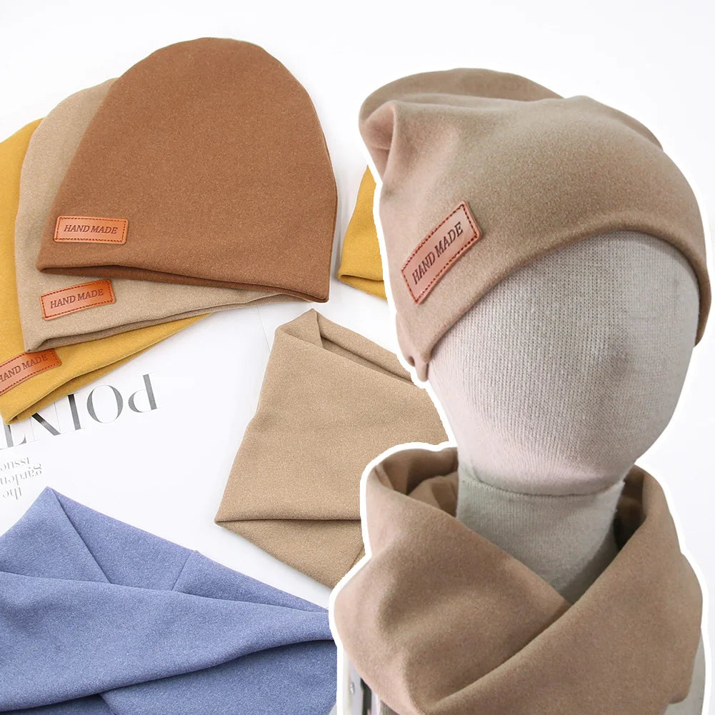 2Pcs/Lot Faux Cashmere Baby Turban Hats Scarf Set Newborn Kids Leather
