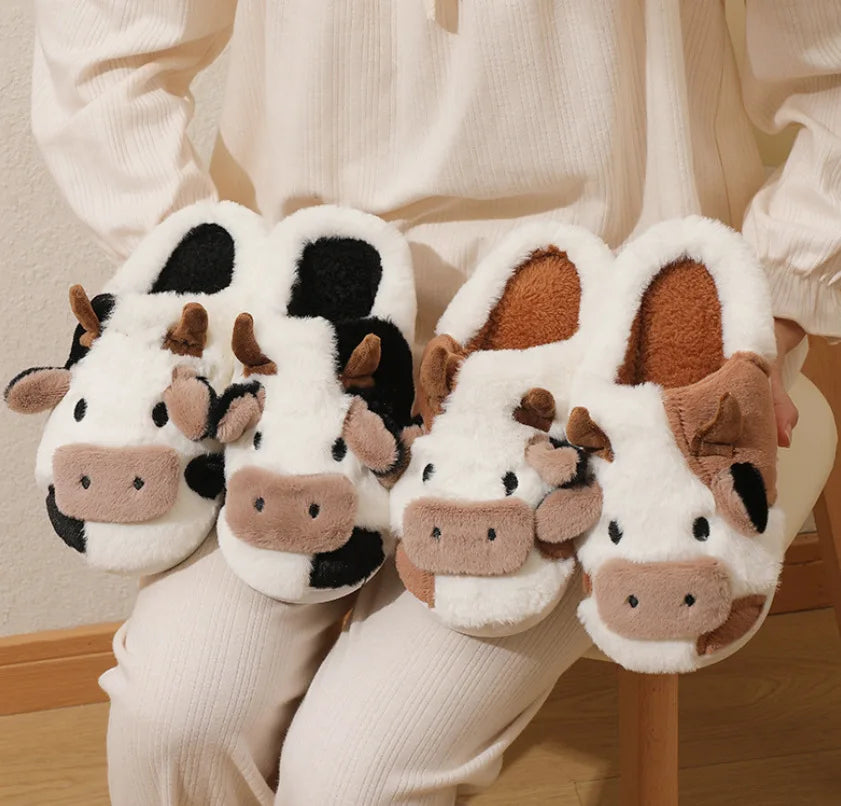 Winter Home Slippers for Couples Warm Plush Neutral Cartoon Cow Indoor